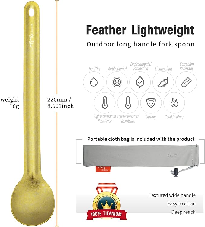 TiTo Titanium Long Handle Spork and Spoon Eco-Friendly Ultralight Portabale Flatware for Outdoor Camping Backpacking Hiking Travel Picnic Tableware with Bag (Bright Golden Spoon)