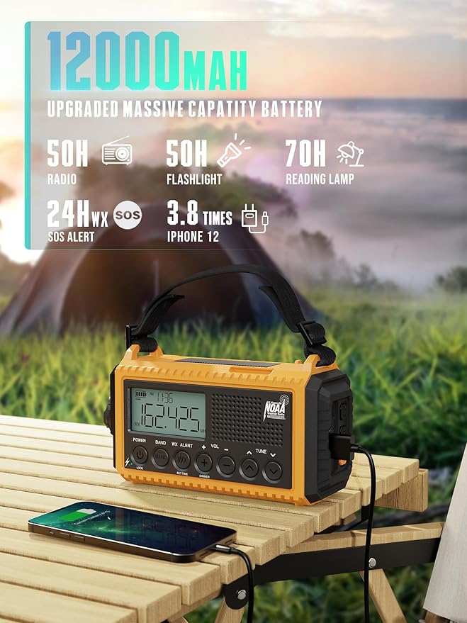 Emergency Radio 12000mAh - NOAA Weather Alert Radio with Auto-Scan & SOS Alarm, Solar Hand Crank 6-Way Power, Flashlight, Reading Lamp for Outdoor, Hiking, Emergencies