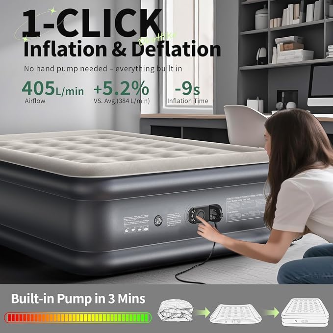 OlarHike Full Air Mattress with Built-in Pump, 18" Raised Inflatable Air Bed for Guests, Home Use & Camping, Supports Up to 600 lbs
