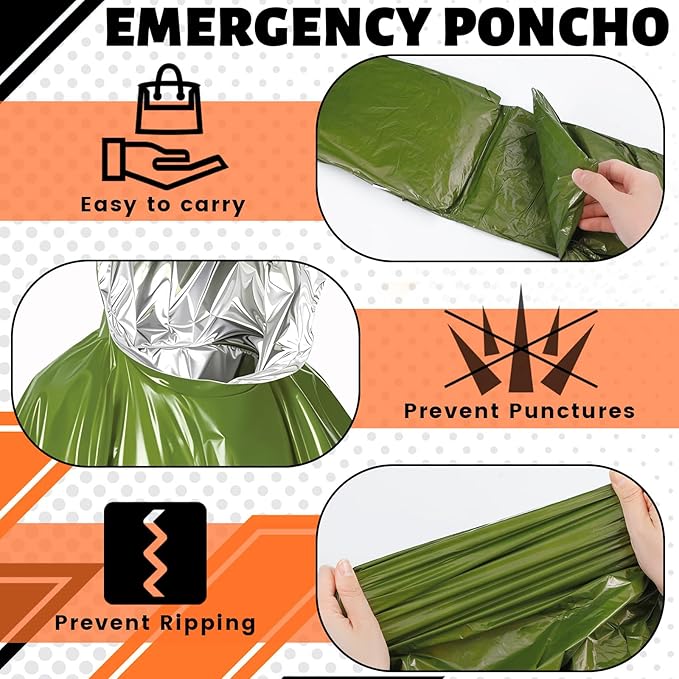 10 Pack Emergency Ponchos with Polyester Film Blanket Liner Waterproof Windproof Thermal Survival Blanket Rain Ponchos for Adult Outdoor Camping Hiking Emergencies Essential, 40 x 47 Inch