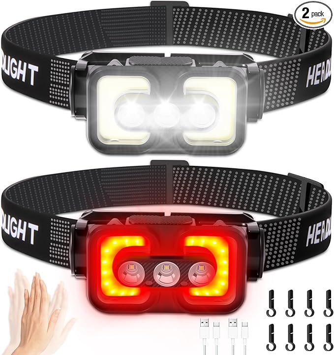 Rechargeable Headlamp with Red Light Motion Sensor Led Head Lamps for Adults Kids Waterproof Bright Hiking Headlights for Outdoor Camping Running Fishing 2 Packs