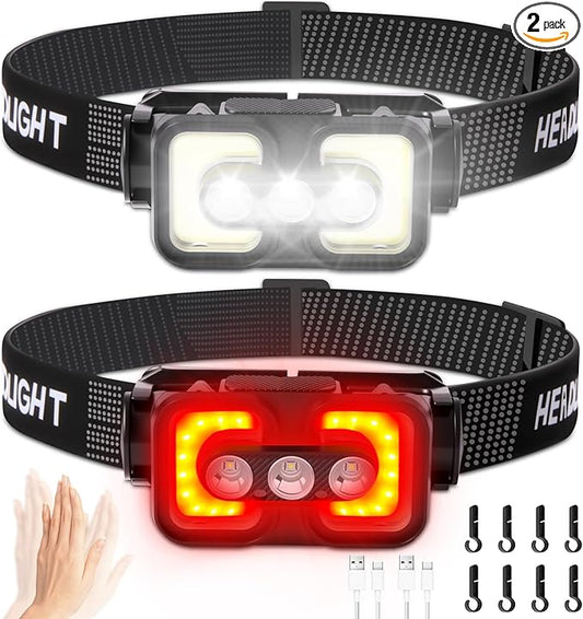 Rechargeable Headlamp with Red Light Motion Sensor Led Head Lamps for Adults Kids Waterproof Bright Hiking Headlights for Outdoor Camping Running Fishing 2 Packs
