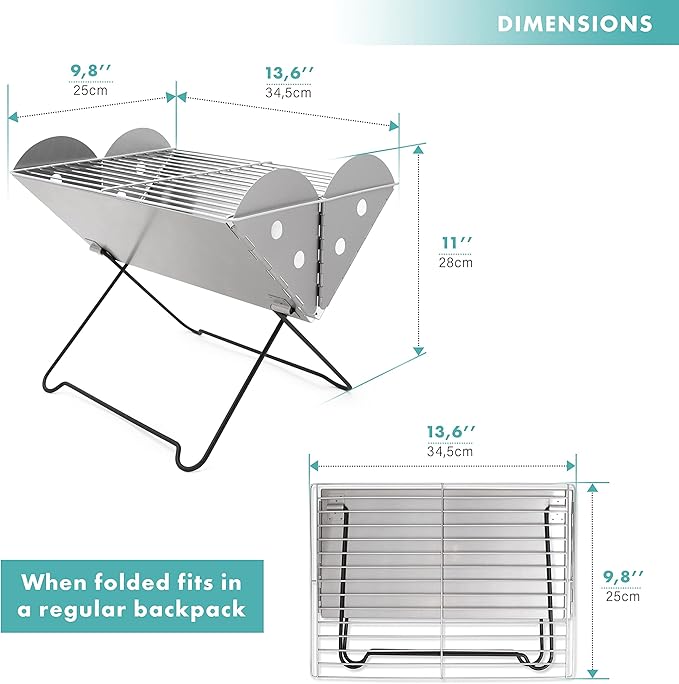 Vaygway Flatpack Portable Foldable Stainless Steel Grill and Fire Pit- Premium Quality Portable Travelling BBQ Grill- Wood Burning Charcoal Grill- For Camping, Hiking, Picnics (2 Pack)