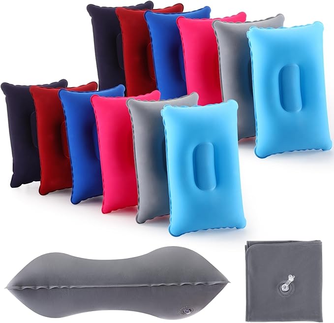 Geelin 12 Pack Inflatable Travel Pillow Squared Flocked Fabric Air Pillow Ultralight, Compact and Comfortable for Traveling, Camping, Hiking, Napping, Desk Rest, Neck Lumbar Support (16.93 × 10.63)