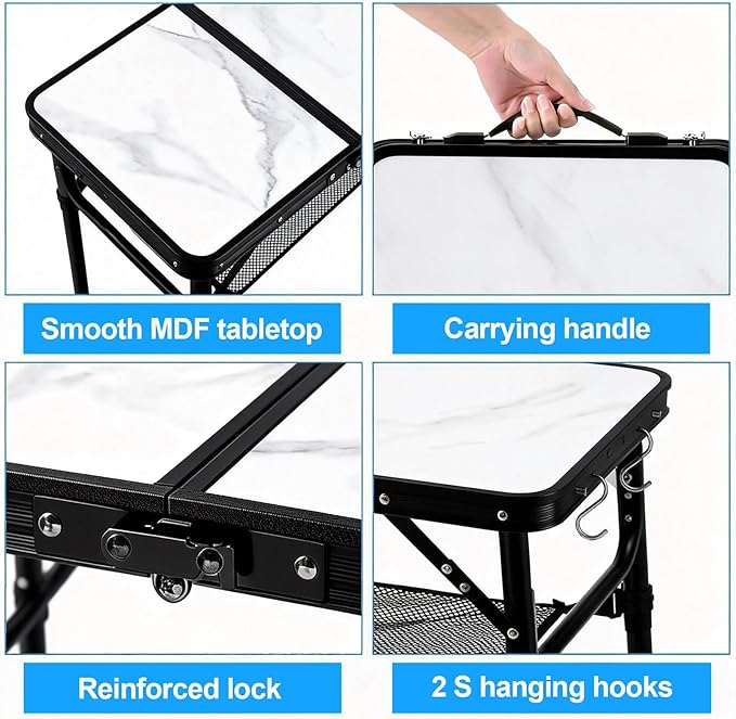 YUFIFAIRY Small Folding Camping Table, 2ft Portable Table with 3 Adjustable Heights, Aluminum Lightweight Foldable Picnic Table with Mesh Layer and Extension Legs for RV, Camp and Indoor (Black Frame)