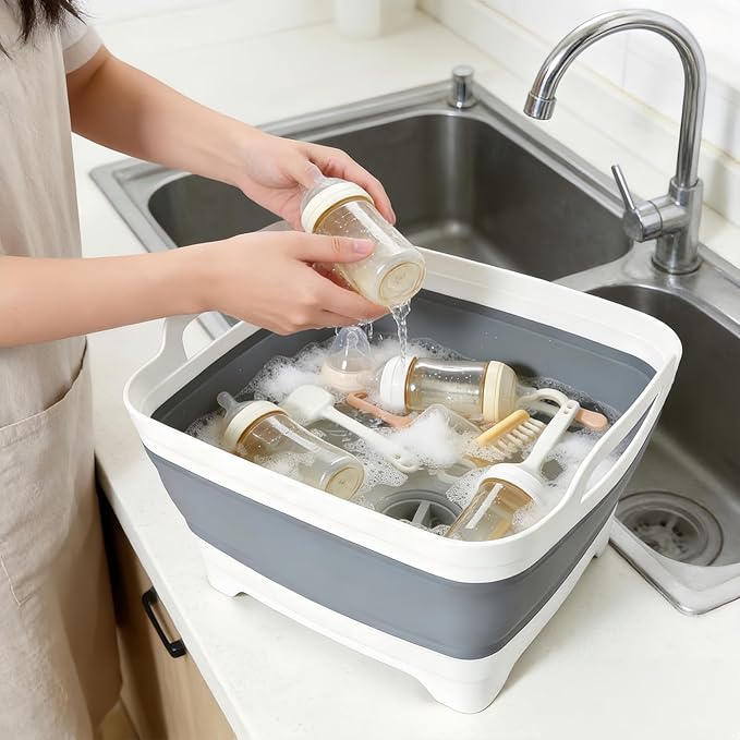 FOSJGO Collapsible Dish Basin with Drain Plug, 2.4 Gal(9L) Space Saving Multiuse Foldable Sink for Baby Bottles, Kitchen Camping Dish Tub for Vegetable Washing and Beverage Tubs
