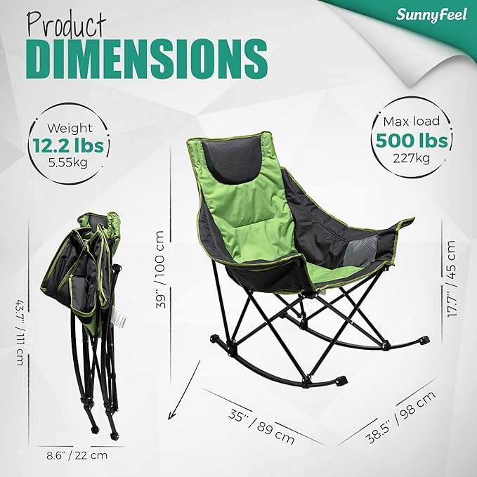 SUNNYFEEL Oversized Rocking Camping Chair, Fully Padded Patio Chair with Side Pocket, High Back Portable Lawn Recliner with Headrest, Outdoor Camp Rocker Chairs for Adults Heavy Duty 500 LBS Carry Bag