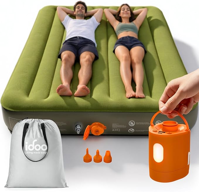 iDOO Queen Air Mattress with Rechargeable Cordless Pump, Inflatable Blow up Mattress in Fast Inflation, No Outlet Needed for Outdoor, Camping & Guests, LED Light and USB Charging, Portable Air Bed