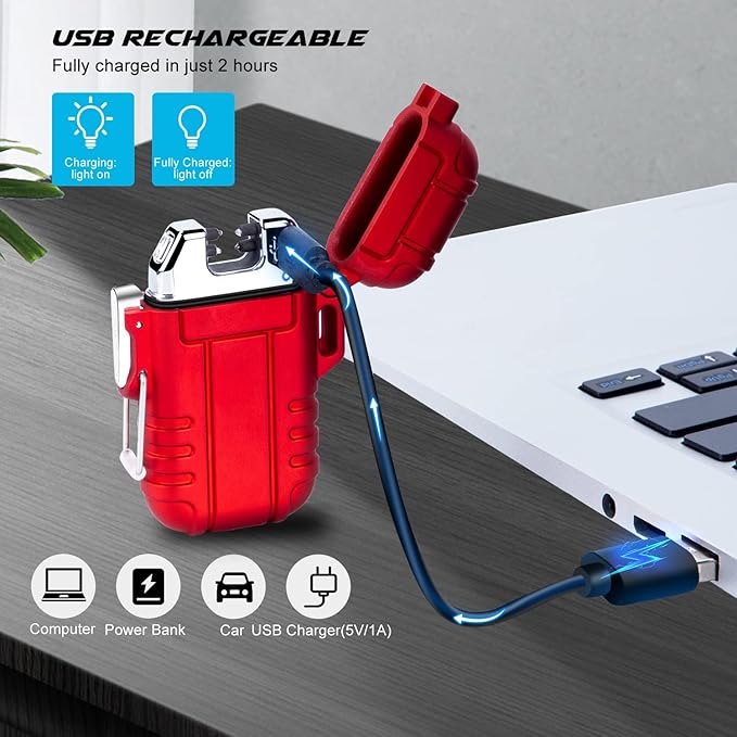 LcFun Arc Lighter Waterproof Windproof Rechargeable USB Plasma Flameless Electric Lighters with Lanyard Sports Fan Lighters for Survival, Tactical, EDC Gear, Camping (Red)