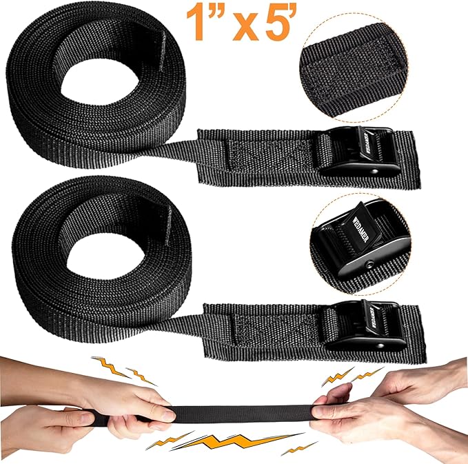 WEDAMER 2 Pack Kayak Tie Down Straps 5ft Cam Buckle Tie Downs Adjustable Kayak Strap for Trucks Motorcycles Boat RV - Ratchet Lashing Straps for Roof Rack Trailer Cargo Packing Securement (1" x 5ft)