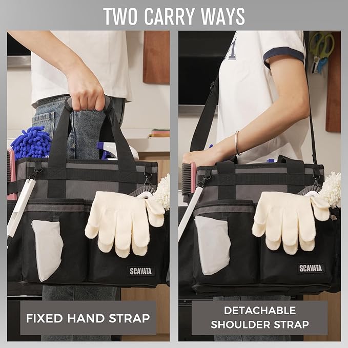 SCAVATA Compact Wearable Cleaning Caddy, Small Cleaning Caddy Supplies Organizer with Handle & Shoulder Straps for Housekeepers, Under Sink & Car Cleaning Tool Organizers Bag (DarkGrey)