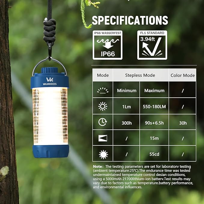 Wurkkos CL01 Camping Lantern Rechargeable, 550LM Led Lantern with Magnet Base, RGB light, Up to 300H Runtime, Camping Essentials, IP66 Waterproof Tent Light for Power Outages, Emergency, Camping, Blue