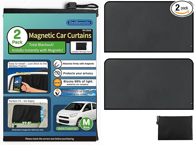 Magnetic Car Side Window Sun Shade, 2 Pack, Privacy Protection with UV Blocking, Easy Install with Storage Case, for Family Travel, Camping, Business Trips (Black, Medium（27.6"L x 20.5"W）)