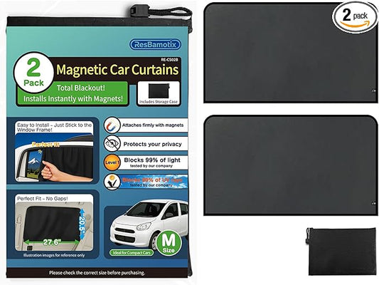 Magnetic Car Side Window Sun Shade, 2 Pack, Privacy Protection with UV Blocking, Easy Install with Storage Case, for Family Travel, Camping, Business Trips (Black, Medium（27.6"L x 20.5"W）)