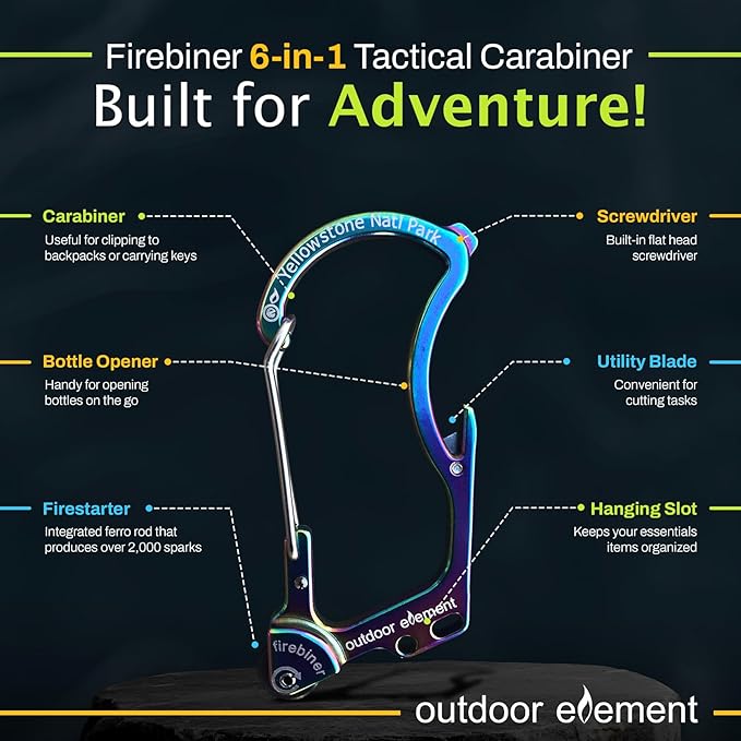 OUTDOOR ELEMENT Firebiner Custom Engraved 6-in-1 Fire Starter Carabiner Multitool – Survival Gear EDC Keychain with Utility Blade, Bottle Opener, Screwdriver, Emergency Tool