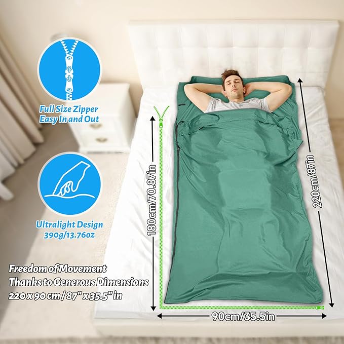 Lightweight Sleeping Bag Liner, Travel Sheets and Adults Sleep Sack, 220 x 95cm with Full Lockable Zipper and Travel Buckle - Portable & Easy Care, Idea for Backpacking, Camping, Hotels, and Trips