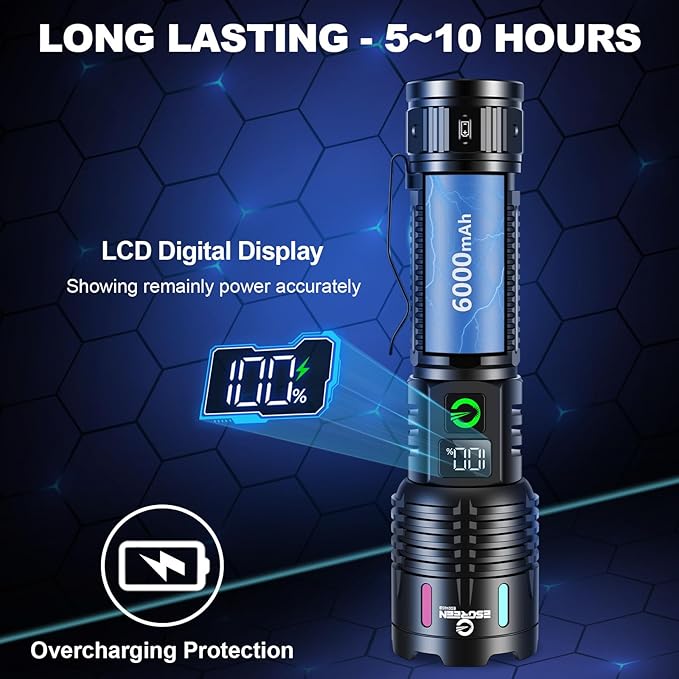 Esgreen Rechargeable Flashlights High Lumens 100000 Single 2 Modes, Super Bright LED Flashlight USB C Long Distance 3280ft, Powerful Long Lasting 10H Heavy Duty Strong Flash Light for Camping Hiking