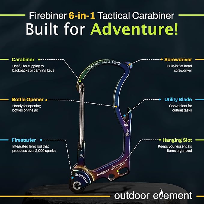 OUTDOOR ELEMENT Firebiner Custom Engraved 6-in-1 Fire Starter Carabiner Multitool – Survival Gear EDC Keychain with Utility Blade, Bottle Opener, Screwdriver, Emergency Tool