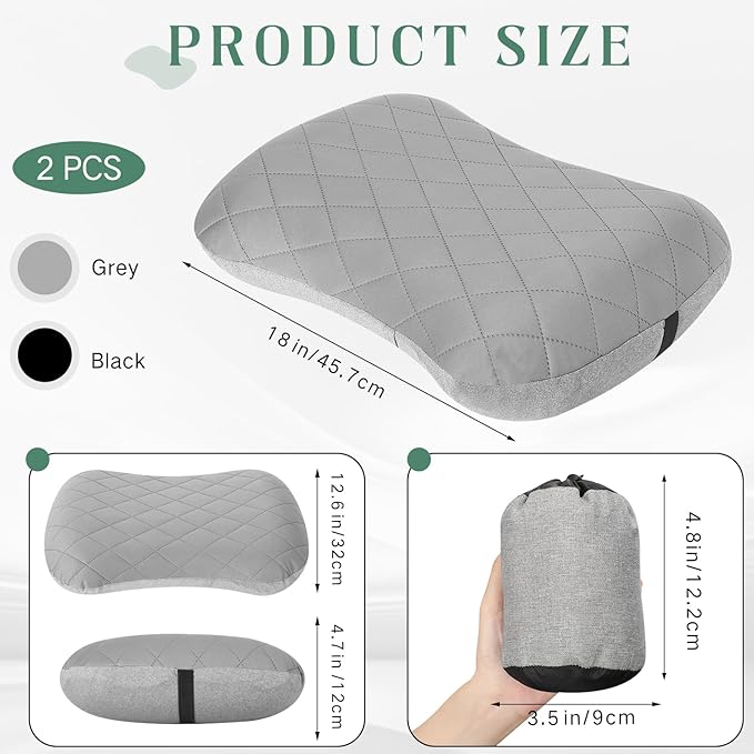 Threehoney 2 Pack Inflatable Travel Camping Pillow with Removable Cover Backpacking Blow up Neck Air Pillow Compressible for Lumbar Support Travel Hiking(Black,Grey)