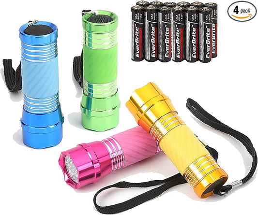 EverBrite 4-Pack Mini LED Aluminum Small Flash Light Colors Assorted for Hurricane Supplies with Handle Glow in Dark