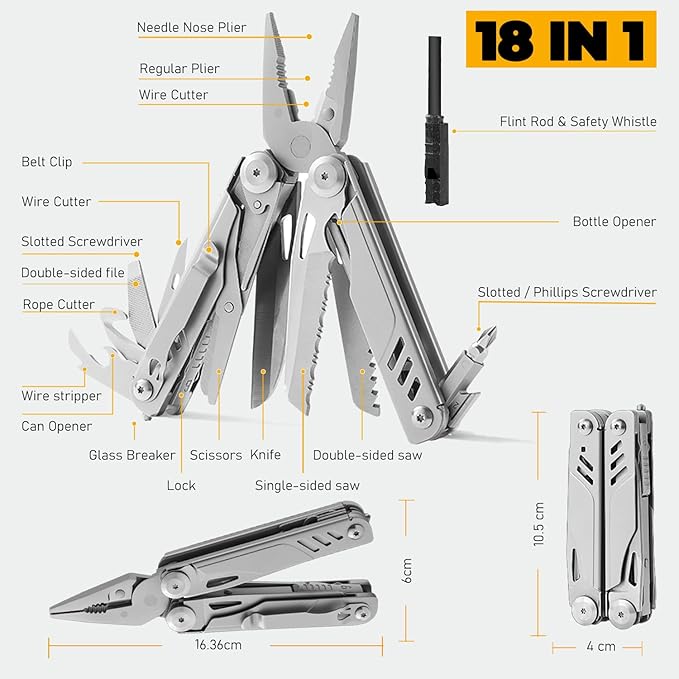 Upgraded 18-in-1 Multitool Pliers, Heavy Duty Stainless Steel Multi-Tool with Spring-Loaded Pliers & Safety Lock, EDC Survival Gear with Fire Starter for Outdoor Camping, Hiking, Gifts for Men