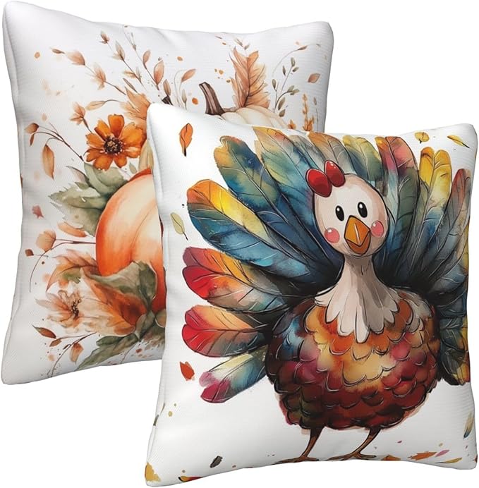 Turkey Thanksgiving Day Throw Pillow Covers 18x18 inch Set of 2 Pumpkin Pillow Case Cushion Cover for Home Sofa Couch Living Room Car Decor