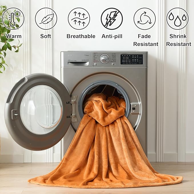 Hansleep Fleece Pumpkin Orange Queen Blanket, Super Soft Flannel Fuzzy Plush Cozy Blanket for All Seasons, Pumpkin Orange, Queen 90x90 Inches