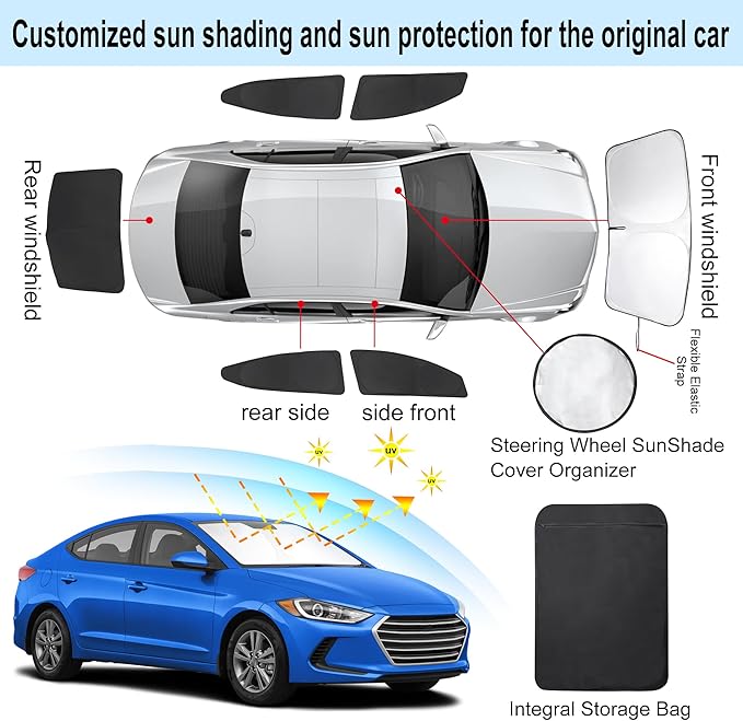 6PCS Windshield Sun Shade Custom Fit for 2017-2020 Hyundai Elantra Accessories Foldable Sunshade Side Rear Window Shade Cover Full Set Privacy Protection Keeps Car Cool