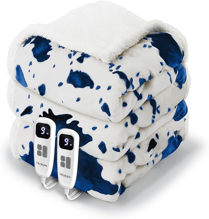 Heated Blanket Queen Blanket - Fast Heating Electric Blanket, Soft Flannel Heated Queen with 4 Time Settings,10 Heating Settings, Warm Gifts for Women & Mom & Grandma(84"x90"Cow Print Blue)
