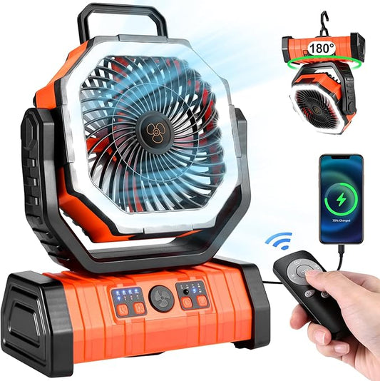 Odoland 30000mAh Oscillating Camping Fan with LED Lantern, Rechargeable Battery Operated, Portable Tent Fan with Timer, 4 Speeds for Outdoor Camp RV Jobsite Power Outage, Orange