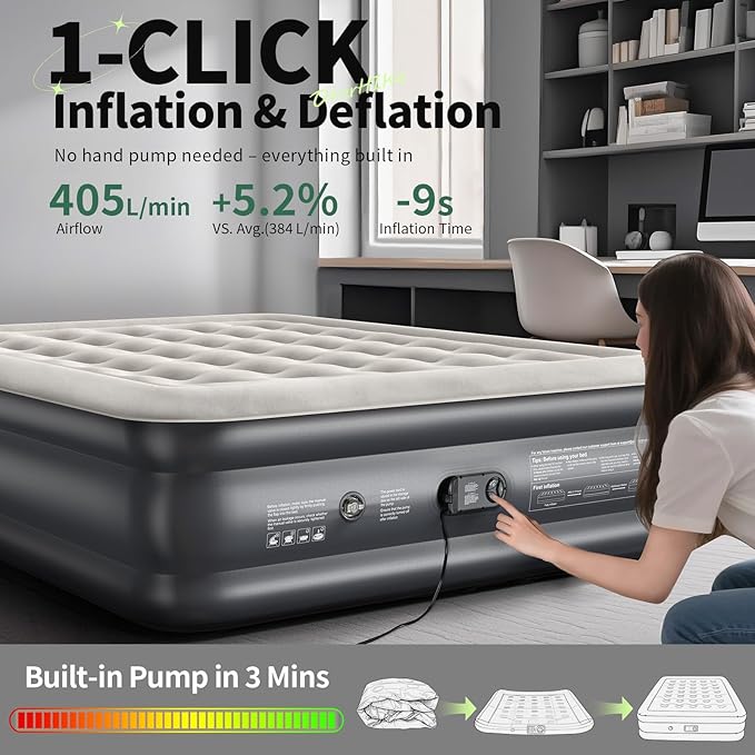 OlarHike Air Mattress Queen with Built in Pump, Inflatable Mattress Blow up Mattress, 18" Colchones Inflables Foldable Air Bed for Guest & Home, Ideal for Camping, 700lbs