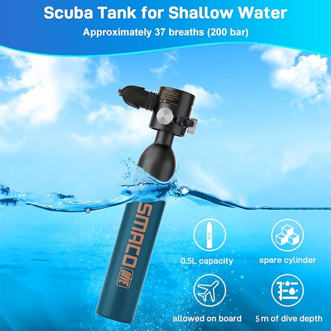 SMACO 0.5L Mini Scuba Tank Portable Diving Tank Reusable Lightweight Diving Cylinde Compact Emergency Pony Bottle for Snorkeling, Freediving, Air Backup Lung Air Tank S300