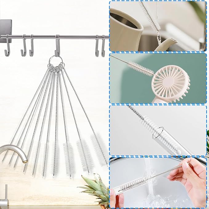 Ixiaoyoo Cleaning Brushes Set, 10 Pieces 8 Inch Nylon Tube Brush + 60 Inch Flexible Long Drain Brush, Hose Pipe Brush, Suitable for Home Kitchen, Bathroom, Fish Tank, Water Pump Accessories (White)