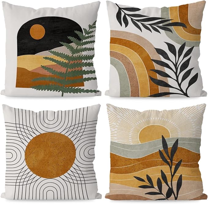 KEUSPI Boho Pillow Coves Sun Rainbow Botanical Leaf Mountain Nature Landscape Throw Pillow Covers,Boho Throw Pillow Covers 18×18 Set of 4,Home Bedroom Bohemian Decor,Bohemian Lovers Girls Women Gifts
