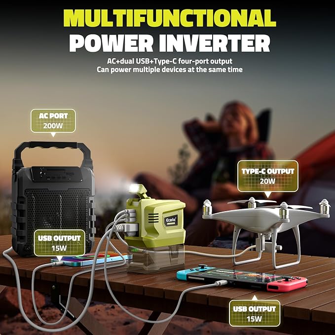 Ecarke 200W Portable Power Inverter Compatible with Ryobi 18V Battery, DC 18V to AC 110V Power Station with 1 AC Outlet, 2 USB, 1 Type-C & LED Light, for Outdoor Emergency Use (No Battery)