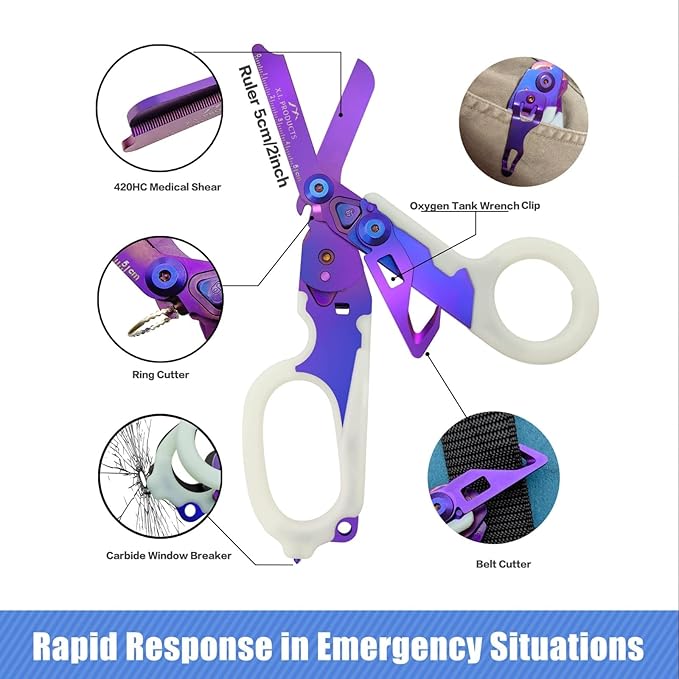 6 in 1 Multifunctional Trauma Shears Foldable with Strap Cutter | Heavy Duty Stainless Steel Emergency Response & Survival Shears With Holster | Medical Trauma shears Tactical | Purple