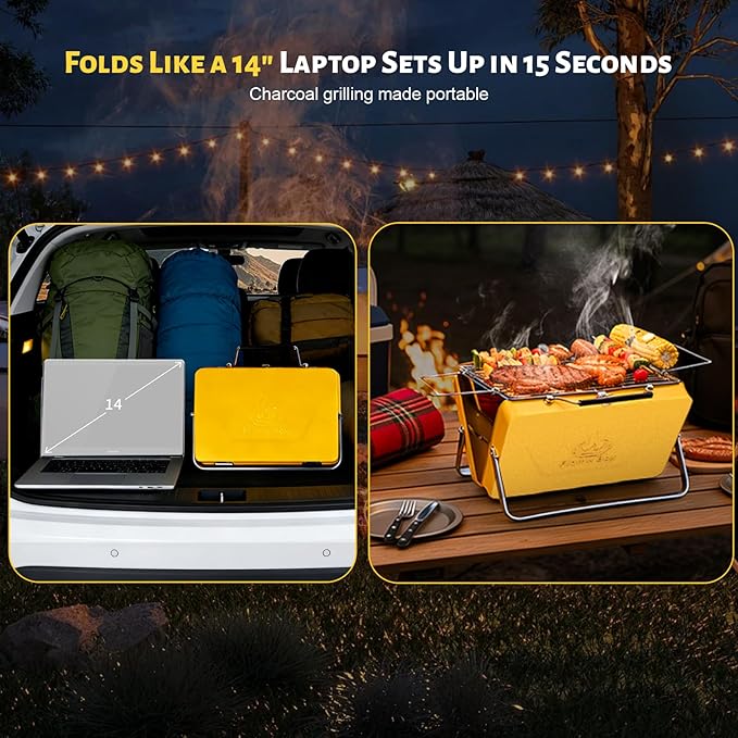 Ranger Portable Charcoal Grill – Compact Lunchbox‑Style Folding BBQ for Camping & Beach| Dual‑Zone Heating, Stainless Steel Body, 3-sec Setup, Includes Tong & Cleaning Brush, Serve 2-3 people