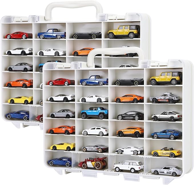 Saichotoy Storage Case for Hot Wheels - Carrying Display Case for 1/64 Scale Toy Cars, 48-Slot Double-Sided Transparent Organizer with Built-in Steps & Adjustable Dividers (2 Packs)