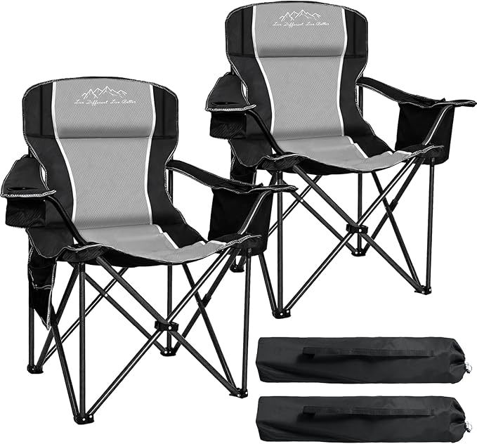 2PCS Folding Camping Chair Portable Outdoor Heavy Duty Padded Chairs Lawn Chair with Cup Holder, Storage Pocket and Cooler Bag, Supports 480LBS Black