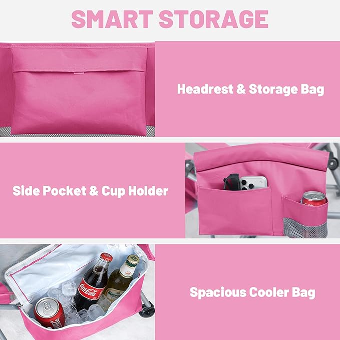 Youtanic High Back Beach Camping Chair 2 Pack, Extra Wide Folding Outdoor Chair with Cooler Bag, Breathable Mesh & Dual-Use Pillow, Portable Lounge Seat for Adults, Sand, Sports, Picnic, Pink