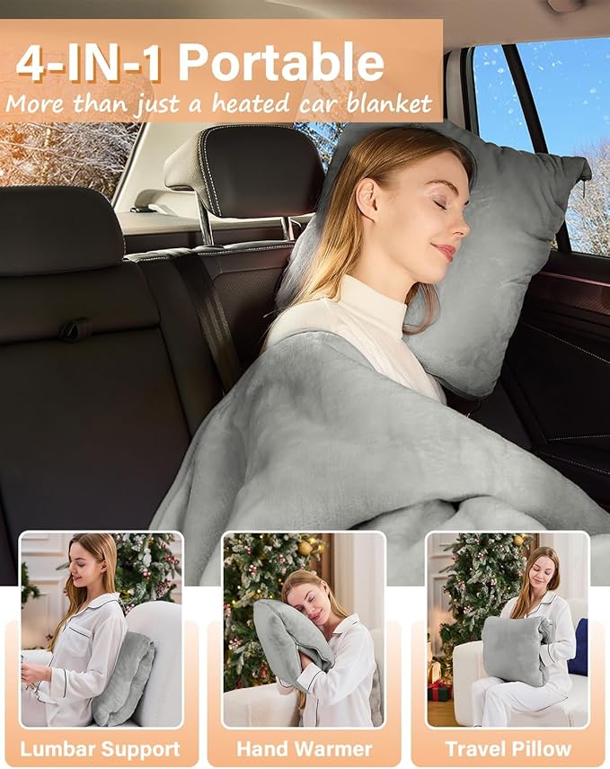 Car Heated Blanket, 12/24V Portable Heated Blanket for Car, Machine Washable Flannel Travel Blanket, 3 Heating Levels, 60x44 Inches, 4-in-1 Design, Convenient Storage for Camping,Grey