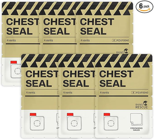 RHINO RESCUE Vented Chest Seal, 4 Vents, Sterile Emergency Trauma Dressing, Occlusive Adhesive Pad, IFAK Trauma Refill Medical First Aid Supplies for Wound Care, Gunshot Wound, Sucking Chest(6 Count)