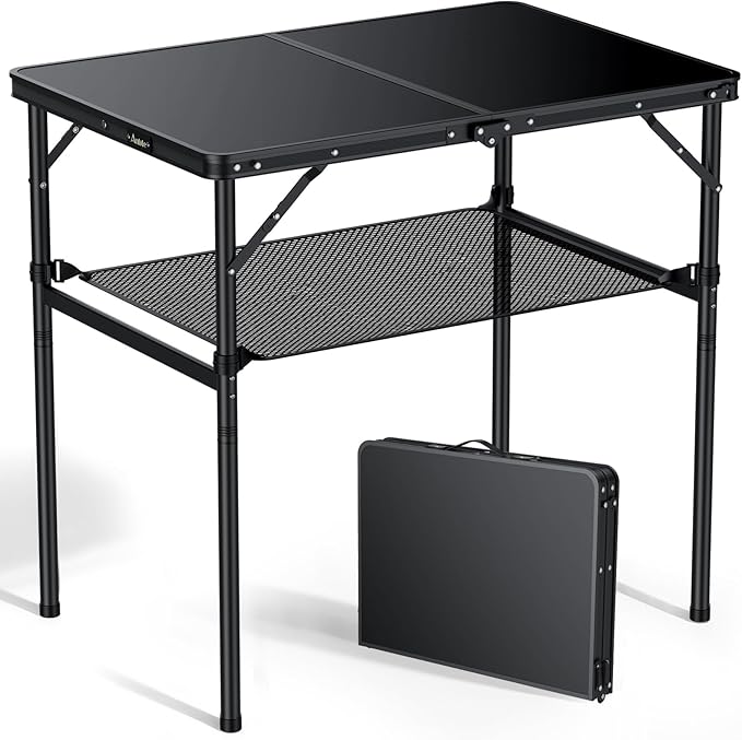 Anbte 3ft Camping Table Foldable with Storage Net, 3 Heights Max 29.5" Aluminum Camping Table with Portable Handle, Lightweight, for Travel Outdoor Beach Picnic Patio Indoor, 36" x 24", Pure Black
