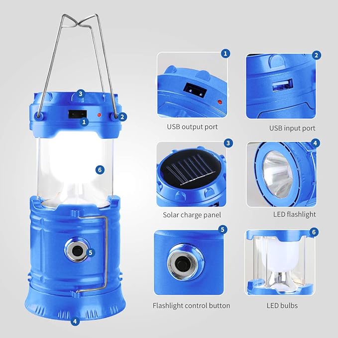 Censinda LED Camping Lantern, Solar and Rechargeable Lantern Flashlight Collapsible and Portable Light for Daily/Camp/Hiking/Night Fishing/Emergency/Hurricanes/Storm(Blue, 1 Pack)