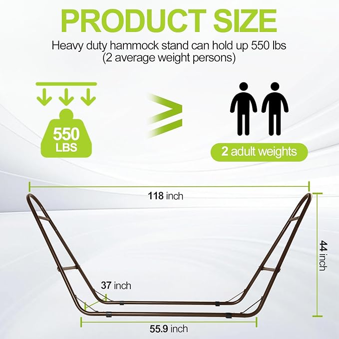 Duble Heavy Duty Steel Hammock Stand Only, 550 Pound Capacity, Portable, Easy Assembly, Adjustable for Indoor, Yard, Caping, or Outdoor, Patio(Brown)