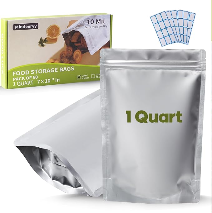 60pcs 1 Quart Mylar Bags for Food Storage - ExtraThick 10 Mil - Smell Proof Mylar bag 1 Quart - Stand-Up Zipper Pouches 7x10 Inch - Small Food Container Sets - Heat Sealable