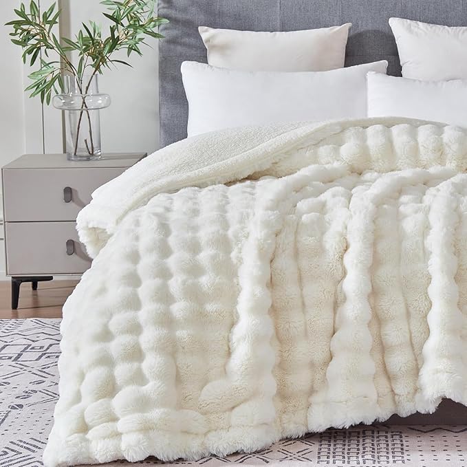 60x80 Inches Ultra-Soft Fuzzy Faux Fur Plush Twin Size Blanket - Thick, Warm Sherpa for Couch, Sofa, Bedroom, Camping - Decorative Blanket for Cozy Warmth, Bubble Ivory White