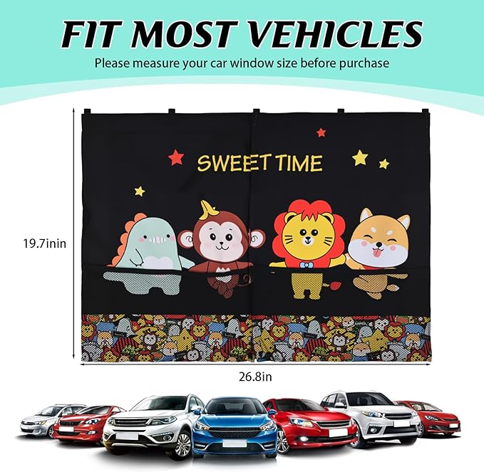 Car Window Shades for Baby, 2 Pack Magnetic Double Layer Car Sun Shade Baby with Storage Pockets, Adjustable Privacy Blackout/See-Through Cartoon Pattern Window Curtains for Kids UV Protection