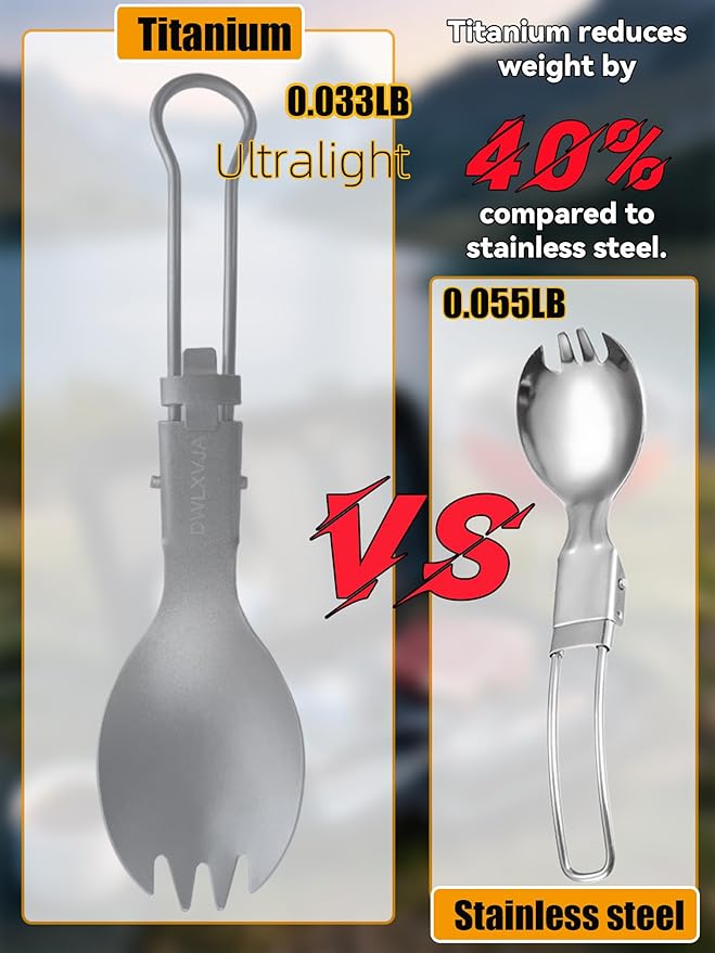DWLXVJA Titanium Camping Utensils Set, 3-Piece Foldable Spork Spoon Knife with Case, 0.15lb Lightweight Travel Flatware for Backpacking Outdoor Hiking Office Lunch, Reusable Eco-Friendly Gift