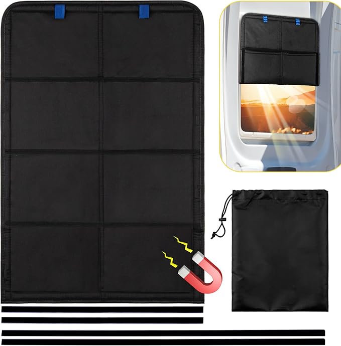 RV Door Window Shade, 27 x 18 Inch Foldable Magnet RV Blackout Window Cover, Winnebago Itasca Sunova Class A Rv Enter Door Window Cover, UV Rays Protection Waterproof Oxford (Black)